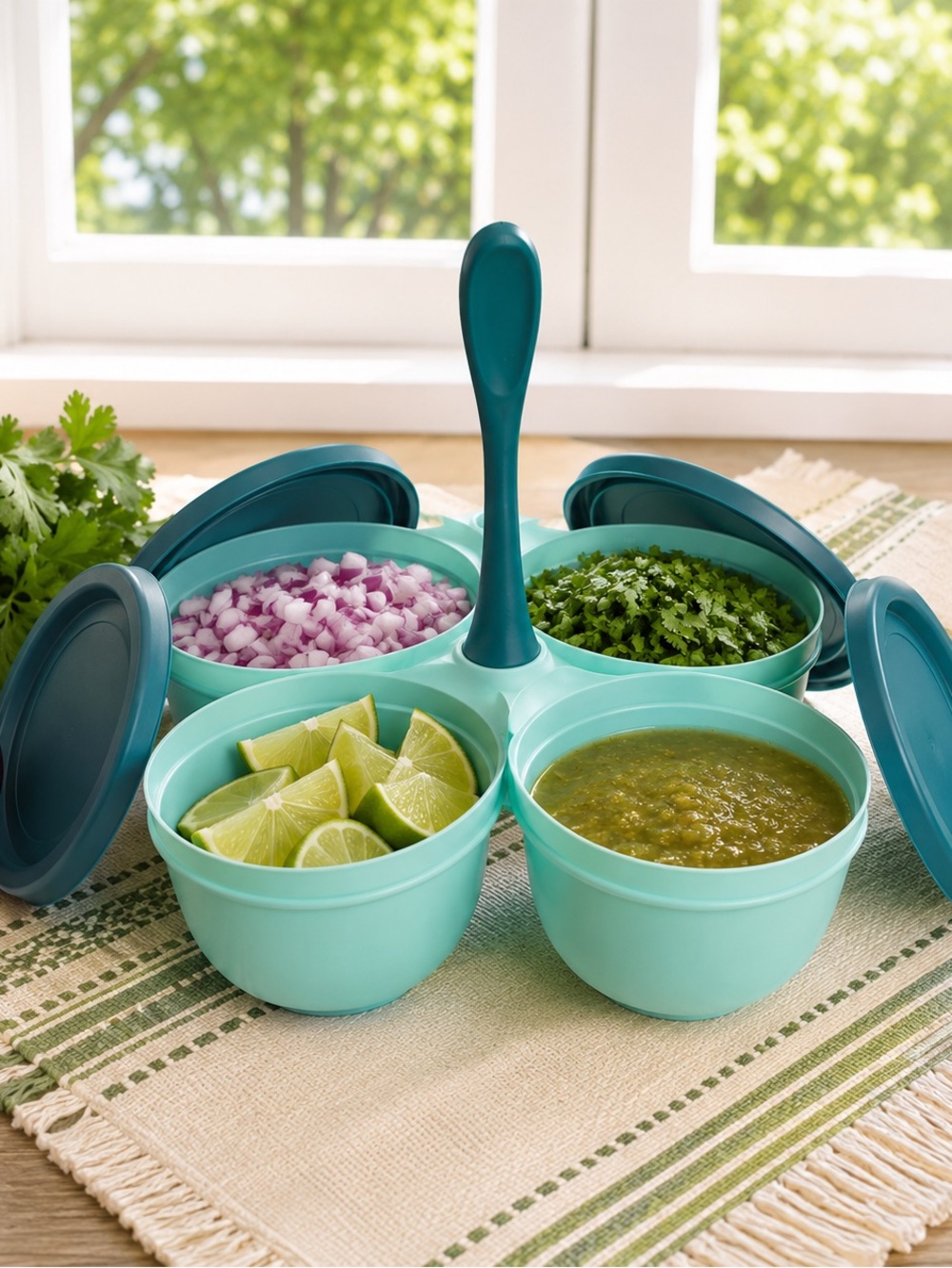 NWT Tupperware
Essentials Condiment Server 4 piece
Set Shades Of Teal